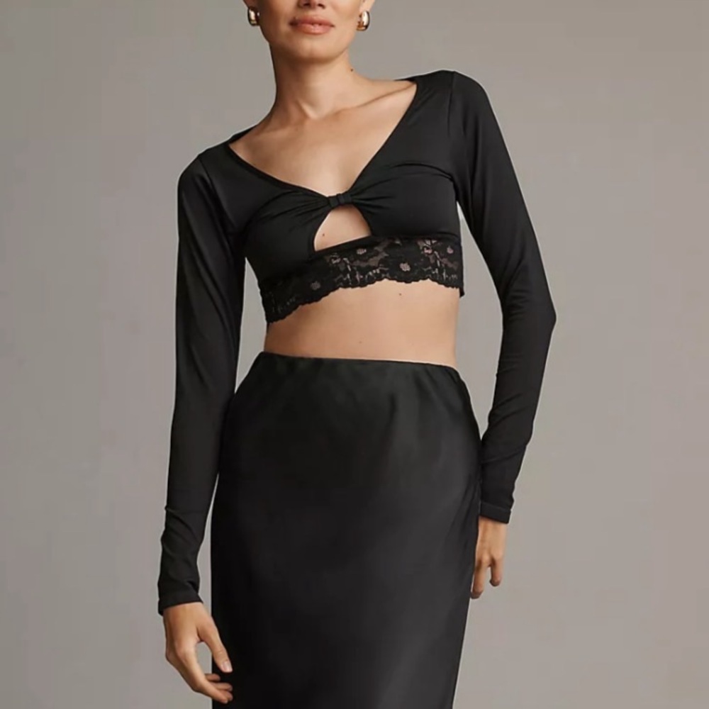 By Anthropologie Lace Trim Cutout Long Sleeve Crop Top Black Size XXS / XS Goth